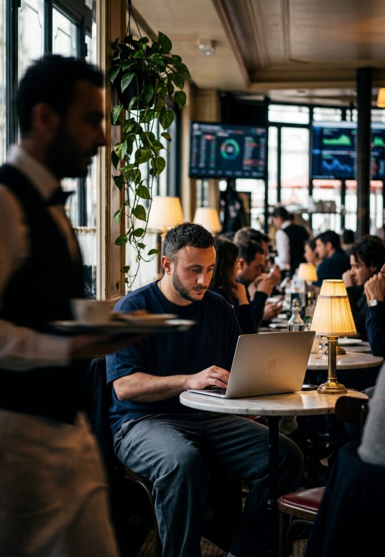 Antony Montefinese au travail sur son ordinateur portable dans un café